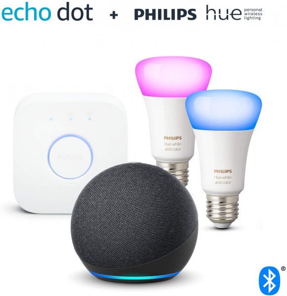 Echo Dot (4. Generation), Anthrazit + Philips Hue Color E27 2-er Starter Set
